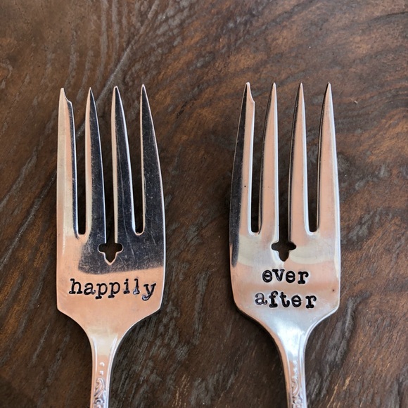 Hand-stamped silver plated forks & message “Happily”/“Ever After” when together - Picture 8 of 15
